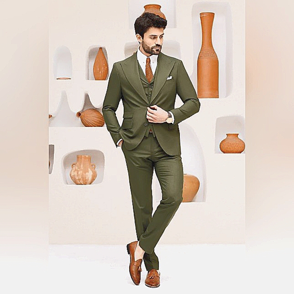 VITALI Italian Imported Slim Fit 3 Piece Suit-36S/31-34 Pant/Vest-Olive Green